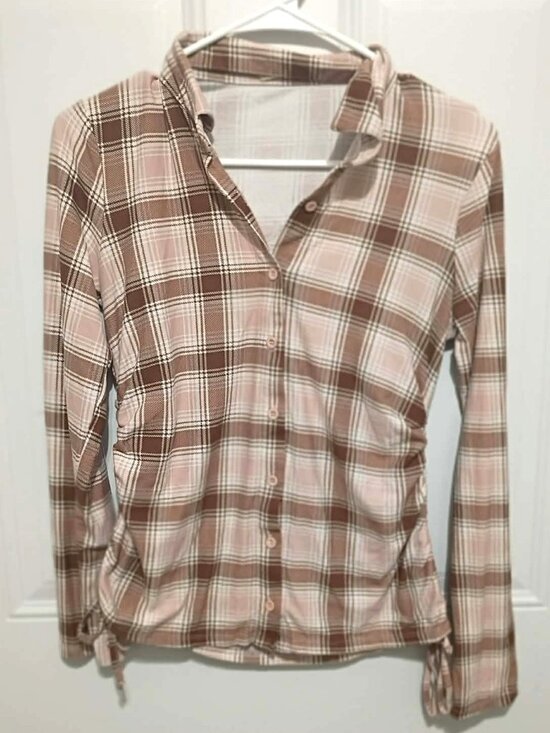 No Comment Ny La Tops - No Comment NY LA Soft Brown and Pink Plaid Shirt, Ladies Size Small